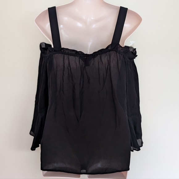 J. Crew Silk Black Ruffle Draped Cold / Off Shoulder Bell Sleeve size 10 - Picture 4 of 7
